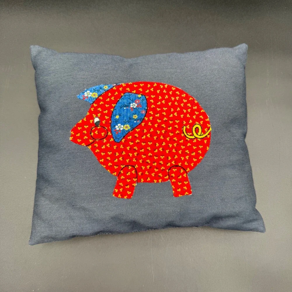 Vintage Handmade Pig Applique Throw Pillow Cottage Farmhouse Red Floral Denim